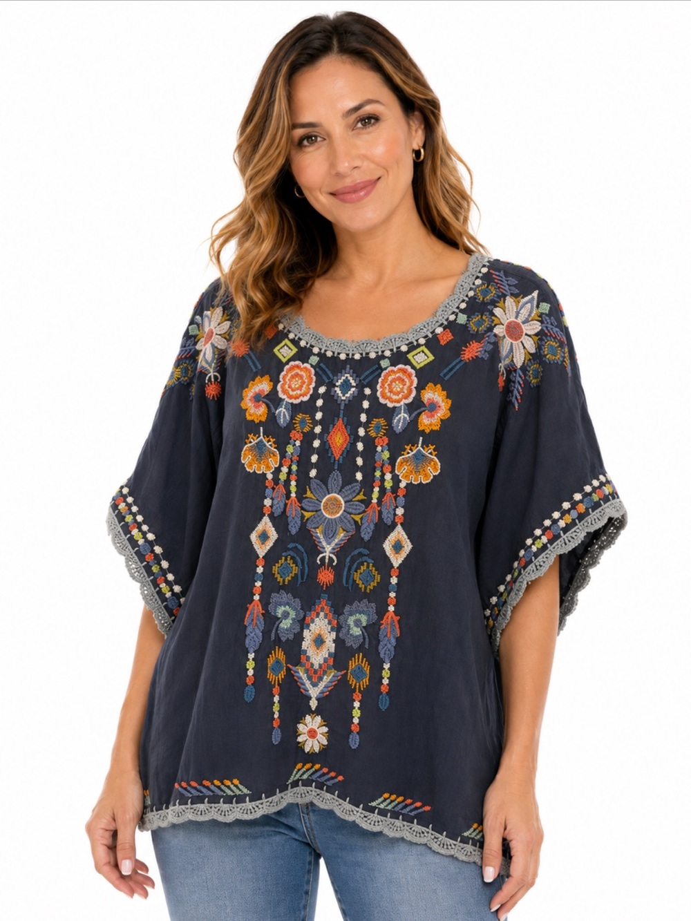 Johnny Was XL Blue Embroidered Cupra Rayon Boho Tunic Top